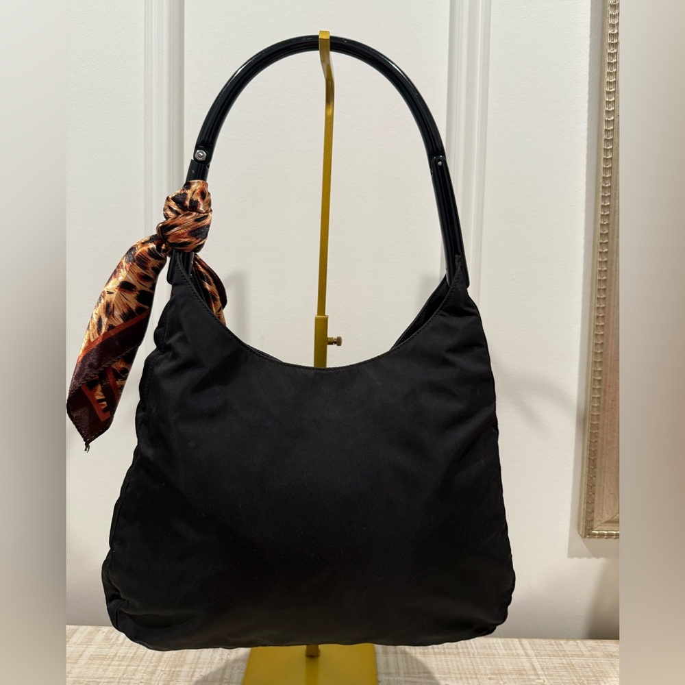 Prada Black Nylon Shoulder Bag w/ Lucite Handle & Leopard Twilly EUC - Picture 5 of 11